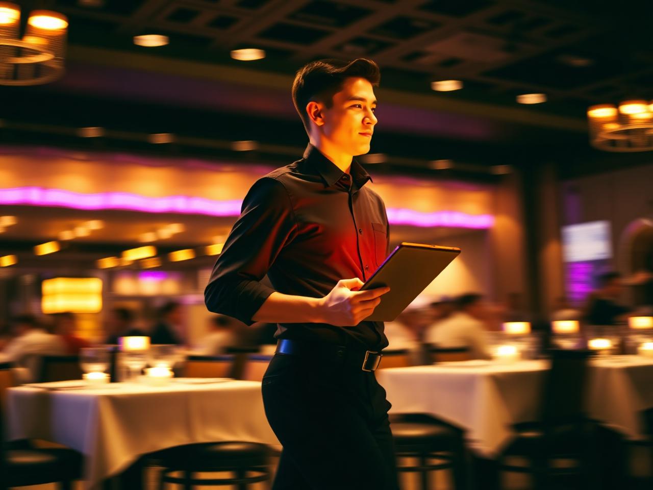 Serveur en plein service avec tablette