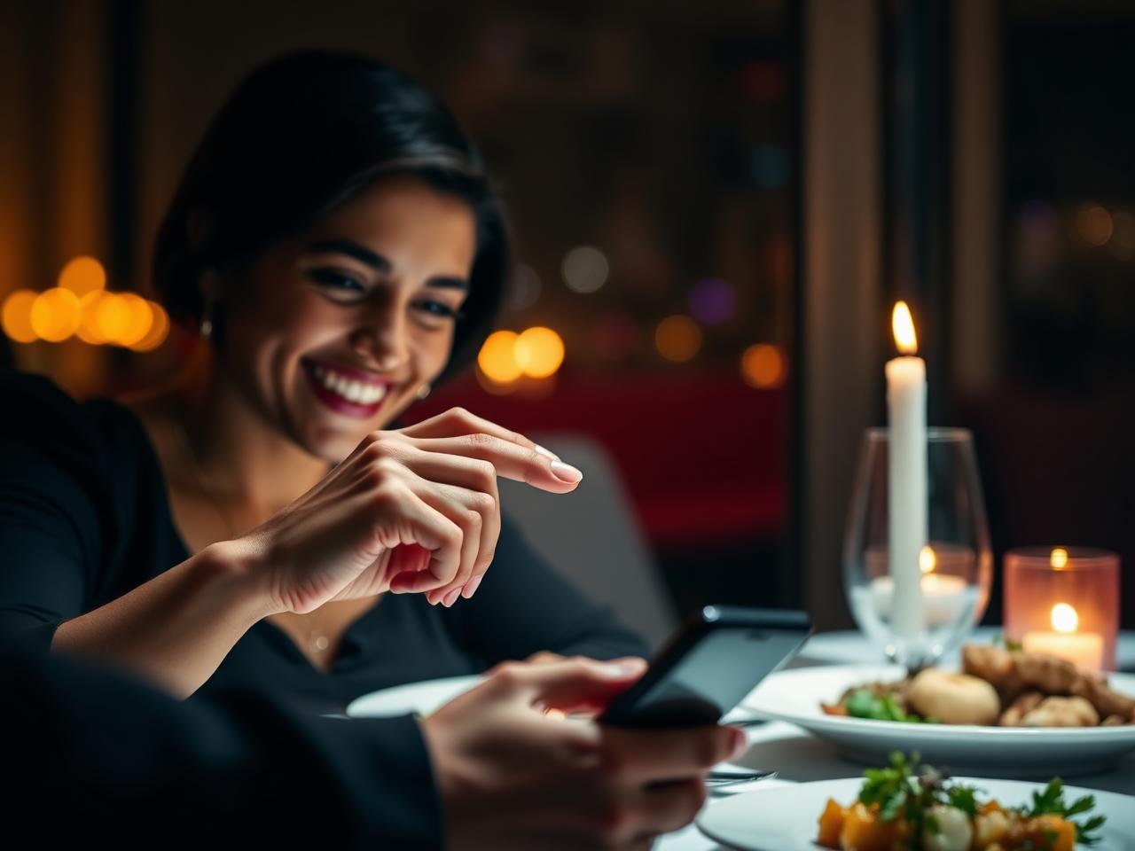 Cliente souriante notant son repas sur smartphone